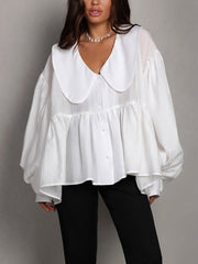 Casual V Neck Bubble Sleeve Loose Top