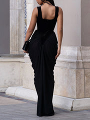 Elegant Velour Patchwork Ruched Slim Maxi Dress