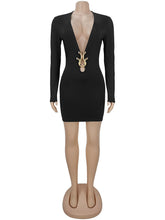 Sexy Deep V Long Sleeve Bodycon Package Hip Mini Dress