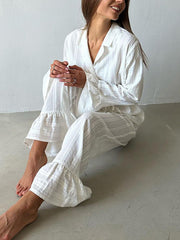 Casual Ruffle Lace-up Shirt Trousers Two Piece Set