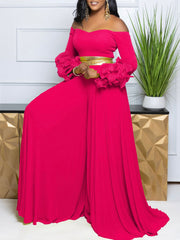 Fashion Off Shoulder Ruffles Sleeve Wide Leg Jumpsuit