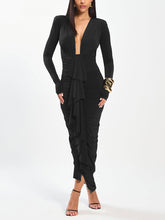 Sexy Deep V Neck Bodycon Ruffle Pleated Maxi Dress