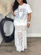 Sexy Letter Print Lace Patchwork Hem Maxi Dress