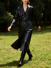 Vintage Belt PU Leather Trench Coat