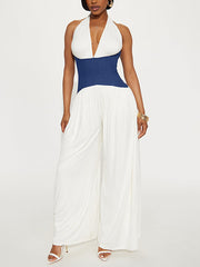 Fashion Halter Patchwork Wide Leg Jumpsuit