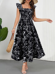 Elegant Floral Print Girdle Waist Midi Dress