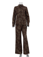 Leopard Print Patchwork Feather Long Sleeve 2 Piece Set
