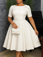 Elegant Short Sleeve Cinched Waist A-Line Dress