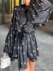 Casual Butterfly Print Bubble Sleeve Lace-up Mini Dress