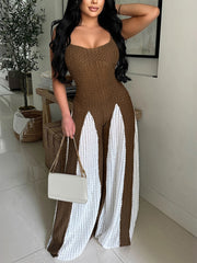 Elegant Color Block Backless Halter Wide Leg Jumpsuit