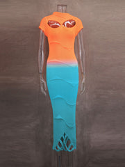 Sexy Hollow out Gradient Color Knit Dress