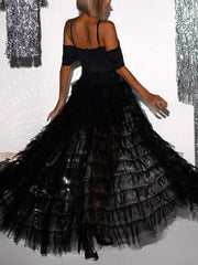 Rhinestone Straps Romper Patchwork Ruffle Mesh Skirt