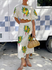 Elegant Print Ruched Crop Tops And Long Skirt Sets