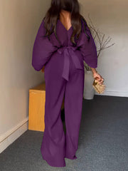 Casual V-neck Batwing Sleeve Shirt High Waist Pants Set