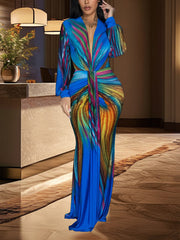 Fashion V Neck Colorful Print Slim Maxi Dress
