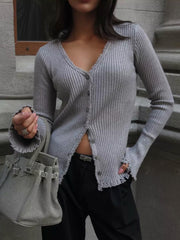 V Neck Button Up Ribbed Knit Cardigan
