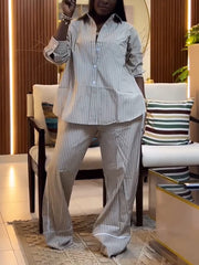 Casual Lapel Loose Stripe Shirt Wide Leg Pants Set