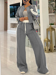 Casual Zip Up Crop Top Wide Leg Pants Sports Set