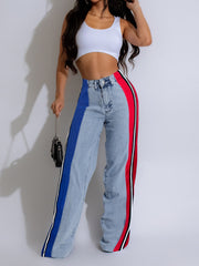 Two-Tone High Waist Striped Side Panels Straight Jeans