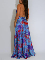 Sexy Satin Print Backless Halter Dress