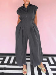 Casual Sleeveless Button Down Cinched Waist Jumpsuit