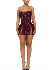 Sexy Sequin Strapless Lace-up Bodyon Mini Dress