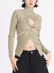 Fashion Round Neck Crisscross Hollow Out Knit Sweater