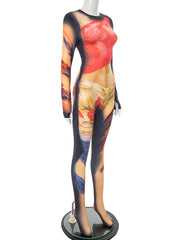 Sexy Round Neck Print Tight Jumpsuit