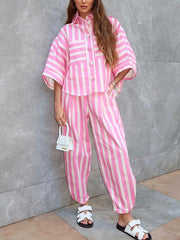 Striped Short Sleeve Top and Pants Casual Set