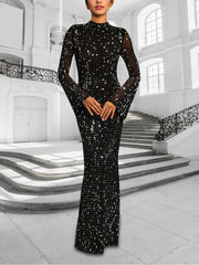 Elegant Rhinestone Sheer Mesh Bodycon Maxi Dress