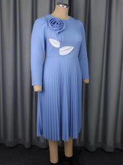 Elegant O Neck Flower Embellishment Pleated Midi Dress