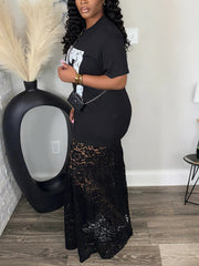 Sexy Letter Print Lace Patchwork Hem Maxi Dress