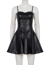 PU Leather Spaghetti Strap Pleated Mini Dress