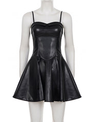 PU Leather Spaghetti Strap Pleated Mini Dress