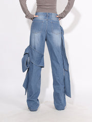Casual Patchwork Bow Embellishment Straight Jeans
