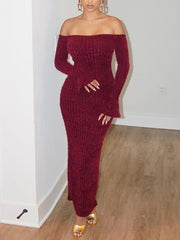 Off Shoulder Flared Sleeve Split Dress