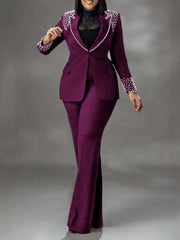 Elegant Pearl Embellishment Blazer Pants Suit Set