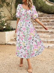Elegant Floral Print Lantern Sleeve Slim-Fit Dress