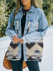Fashion Denim Patchwork Contrast Aztec Jacket
