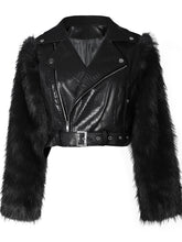 Faux Fur Sleeve Patchwork PU Leather Biker Jacket