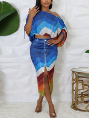 Casual Print Off Shoulder Top And Slit Skirt Sets