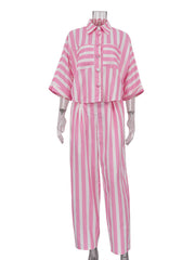 Striped Short Sleeve Top and Pants Casual Set