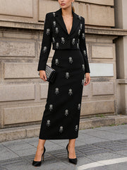 Elegant Embellished Blazer High Waist Long Skirt Set
