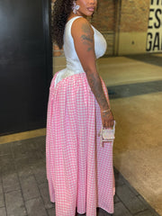 Fashion U Neck Plaid Patchwork Pleated Maxi Dress