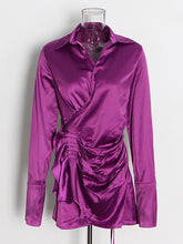 Fashion Pleated Satin Long Sleeve Shirt Mini Dress