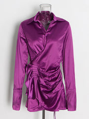 Fashion Pleated Satin Long Sleeve Shirt Mini Dress