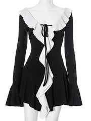 Elegant Ruffle V-Neck Lace-up Mini Dress