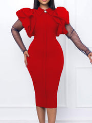 Elegant Mesh Patchwork Long Sleeve Bodycon Midi Dress