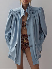 Fashion Stand Collar Ruched Loose Casual Jacket