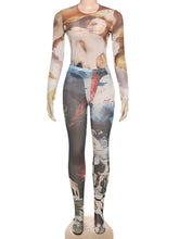 Fashion Round Neck Sheer Print Tight Pants 2 Piece Set